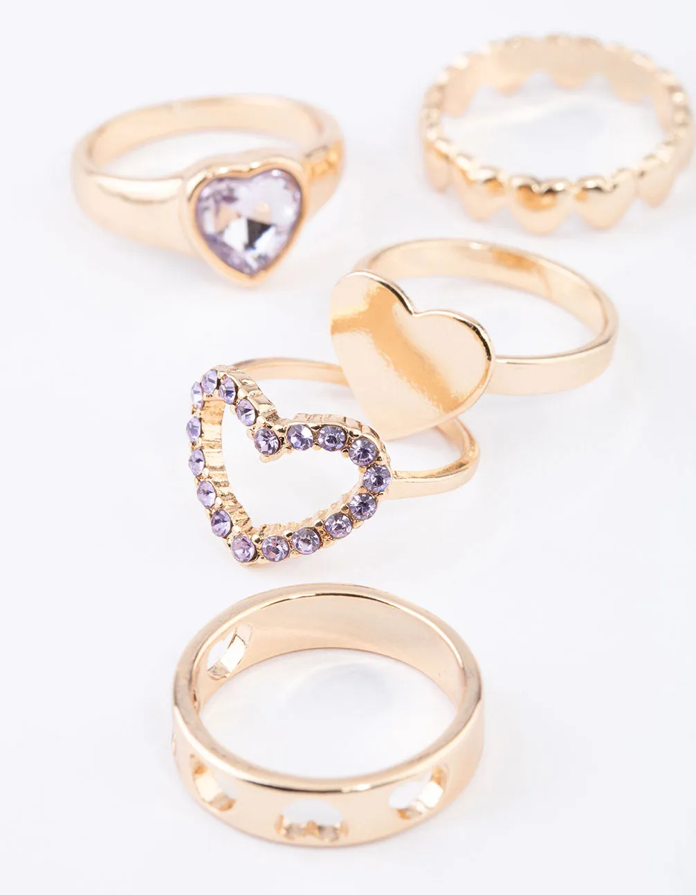 Gold Mixed Heart Stone Ring 5-Pack