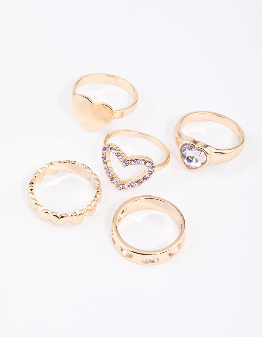 Gold Mixed Heart Stone Ring 5-Pack