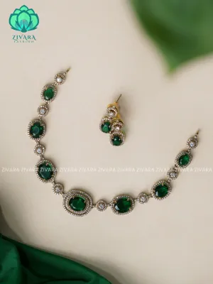 GREEN - BIG STONE - stylish and minimal elegant neckwear with earrings- Zivara Fashion