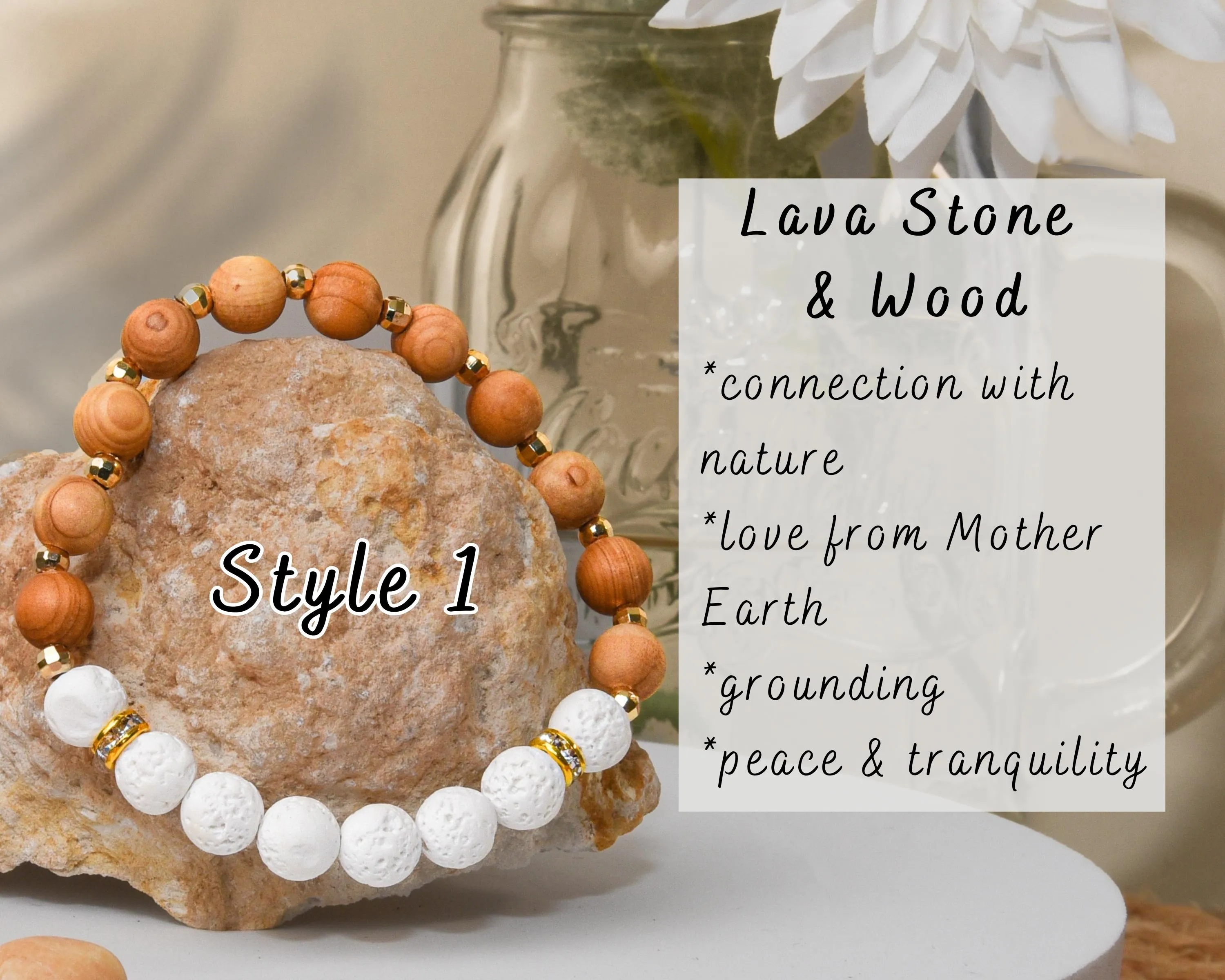 Grounding Boho Bracelet Stack, Lava Stone, Selenite, Howlite, Wood