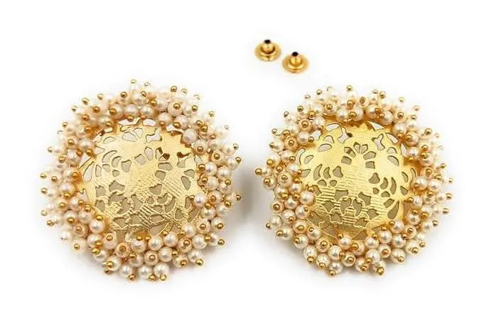 Handmade designer golden brass pearl stone earrings