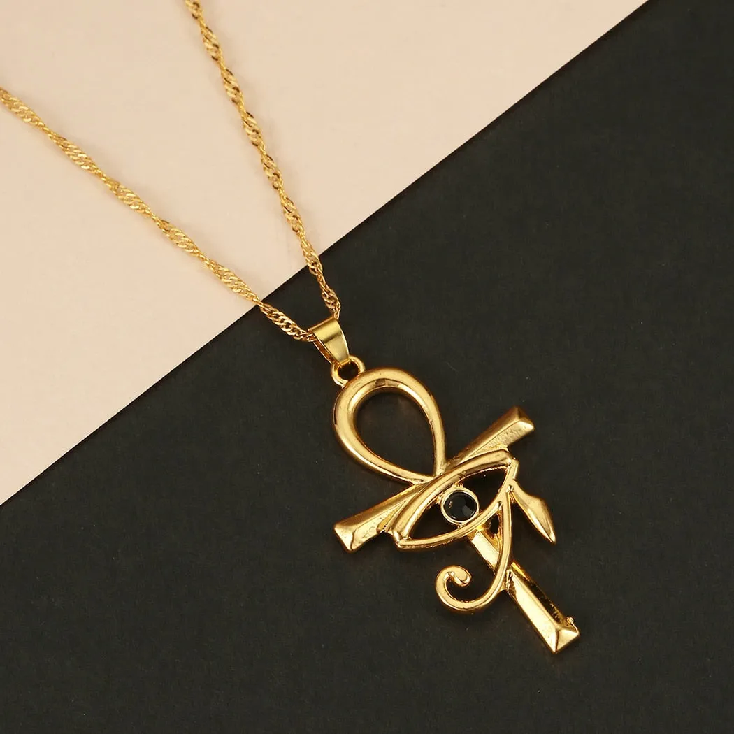 Kinitial New CZ Eye of Horus Egypt Protection Charm Pendant  Ankh Cross Religious Necklace for Women Choker Necklaces Jewelry