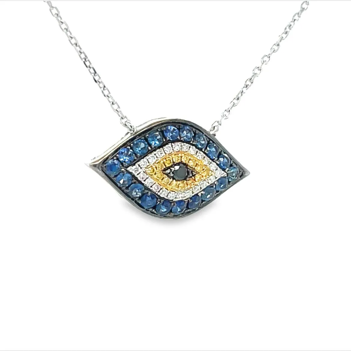 Large Blue & Yellow Sapphire Oval Evil Eye Pendant Necklace