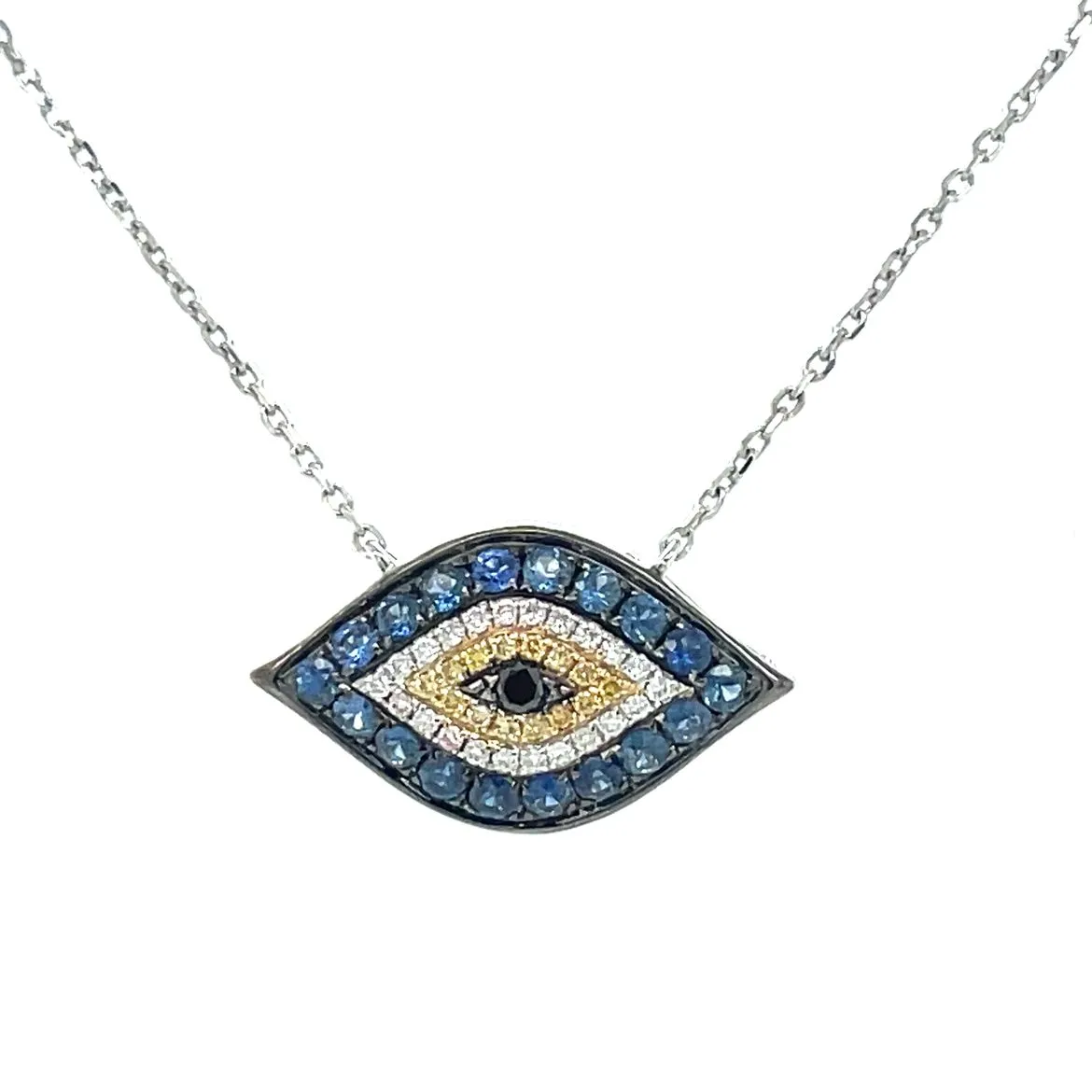 Large Blue & Yellow Sapphire Oval Evil Eye Pendant Necklace