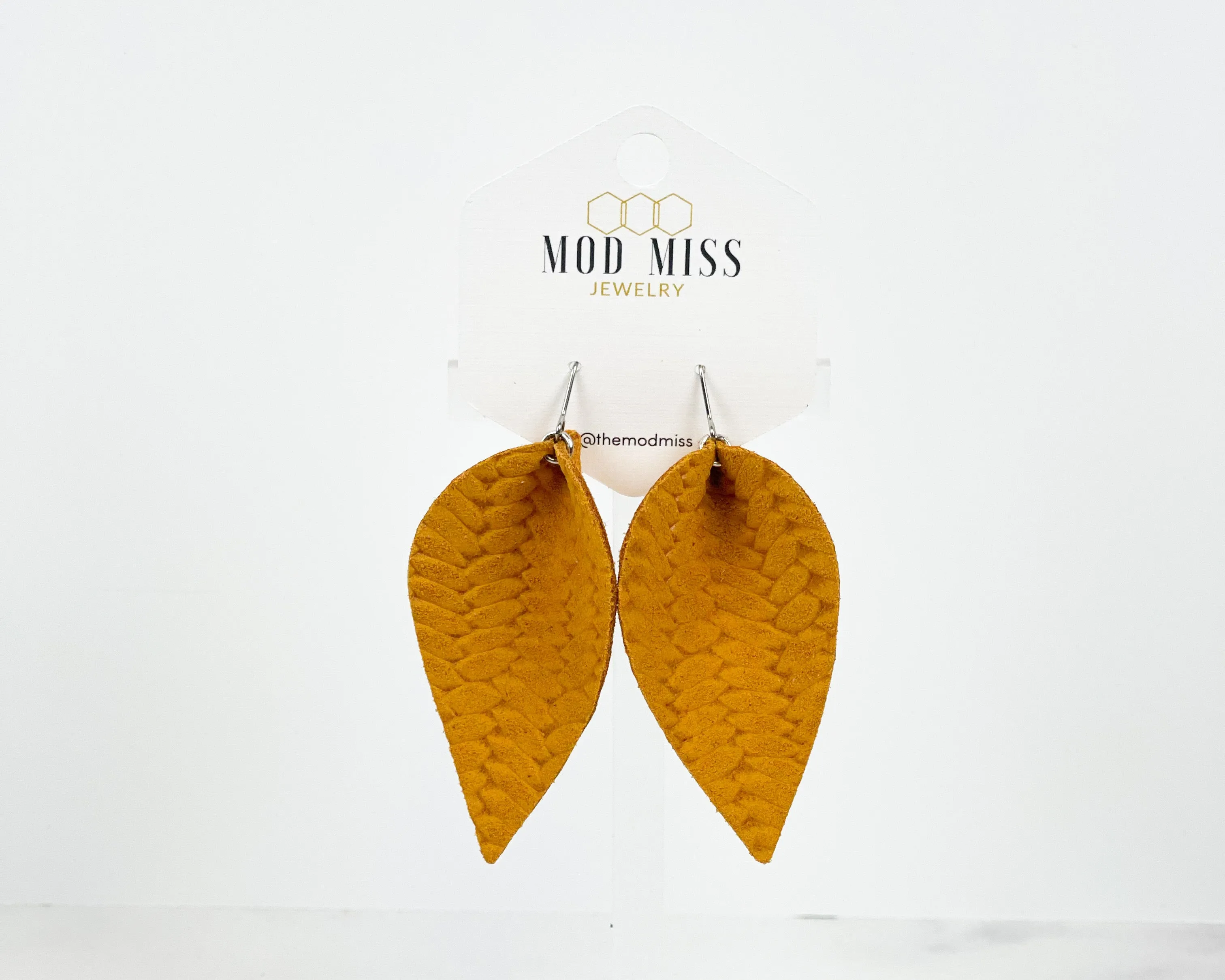 Leather Petal Earring "Weaved Mustard Yellow"