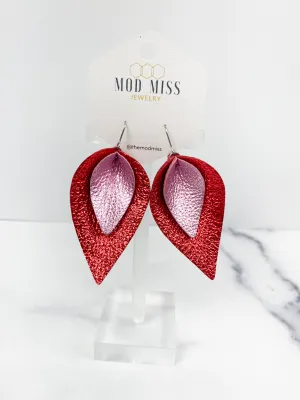 Leather Stacked Petal Earring "Metallic Light Pink   Metallic Red"