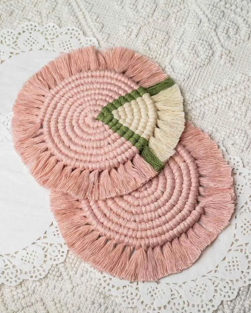 Macrame Handcrafted Pink Round Coasters | Set Of 2