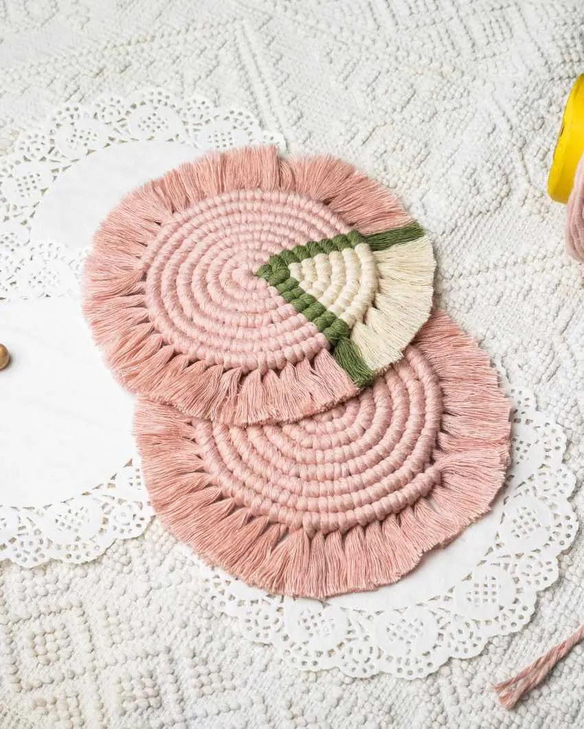 Macrame Handcrafted Pink Round Coasters | Set Of 2