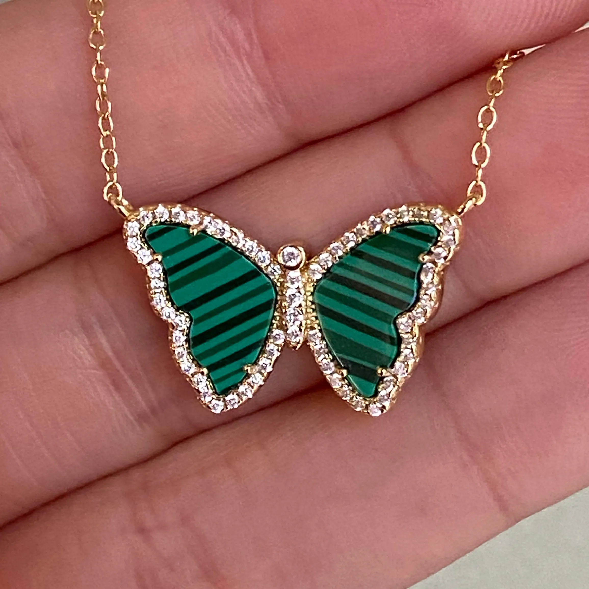 Malachite Butterfly Necklace With Crystals