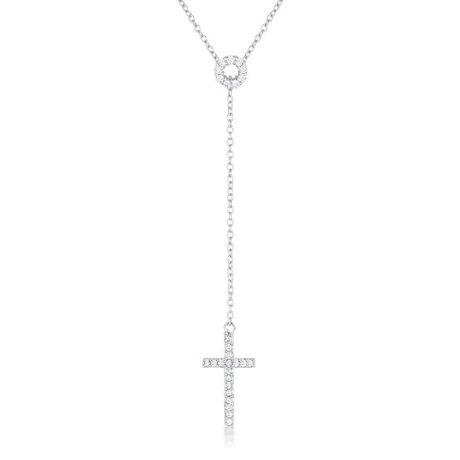 Miranda 0.3ct CZ White Gold Rhodium Classic Lariat Cross Necklace