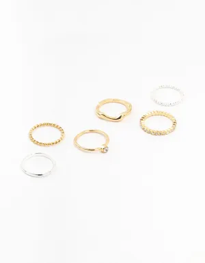 Mixed Metals Molten & Diamante Rings 6-Pack