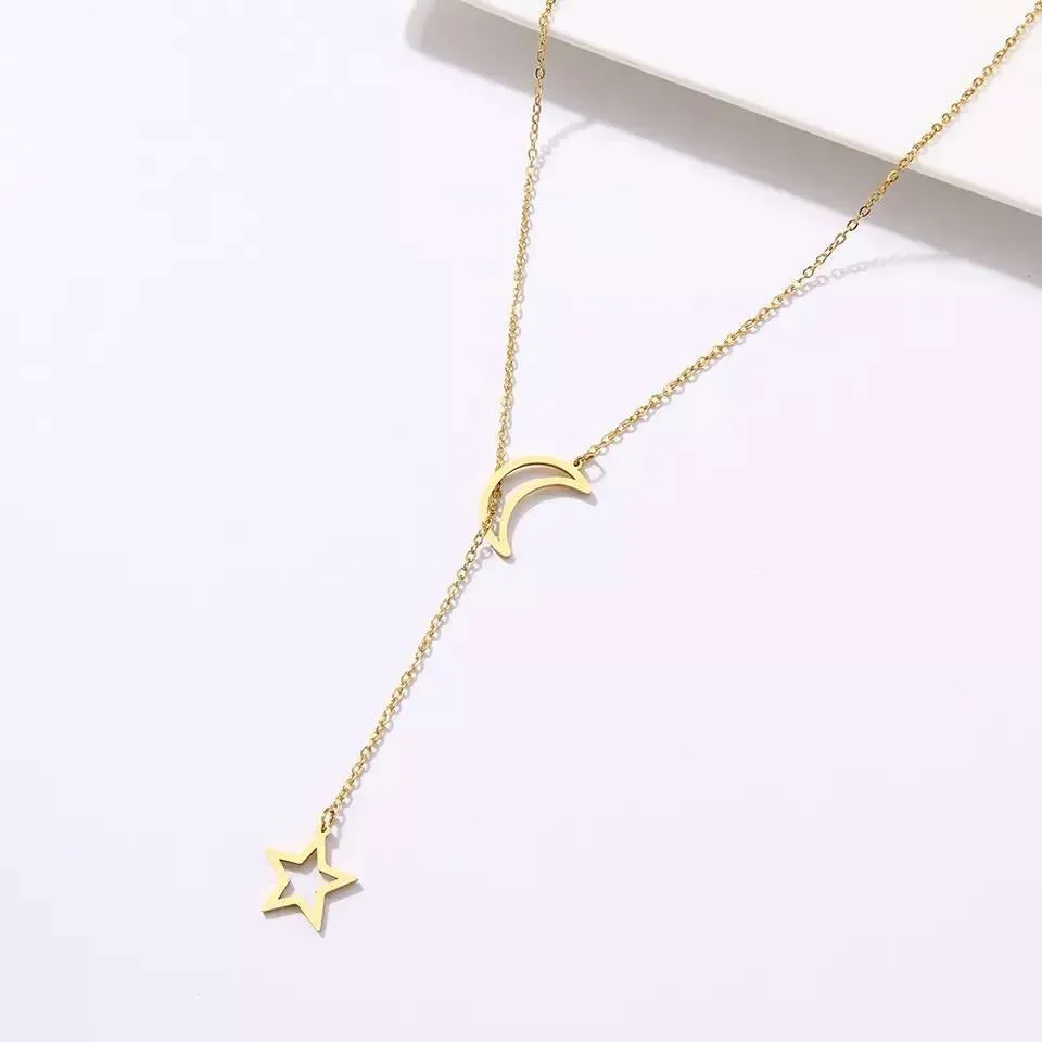 Moon Star Double Pendant Stainless Steel Gold Neckalce