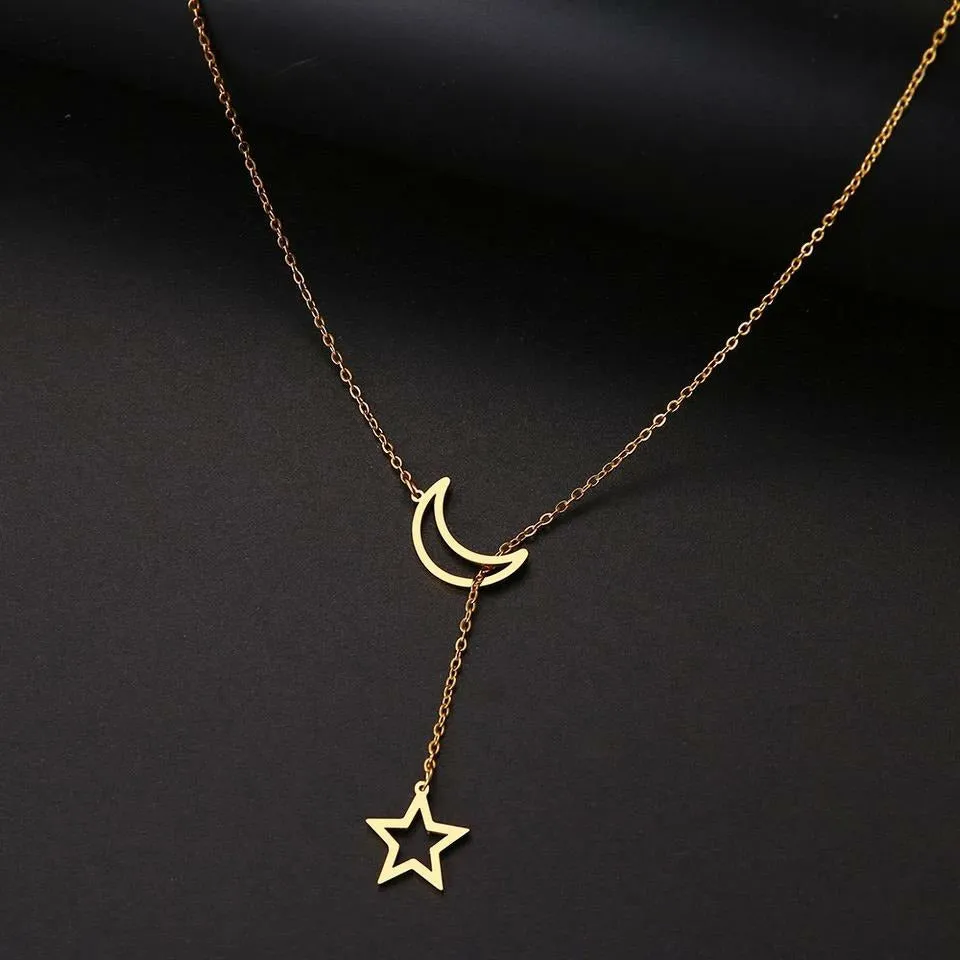 Moon Star Double Pendant Stainless Steel Gold Neckalce