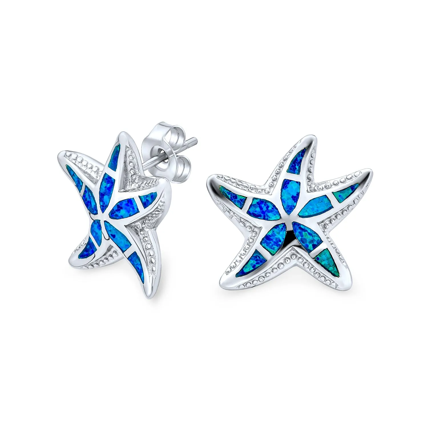 Nautical Blue Opal Starfish Stud Earrings in Sterling Silver for Beach Vacation