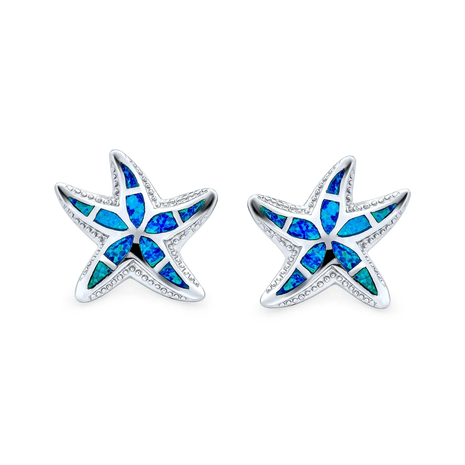 Nautical Blue Opal Starfish Stud Earrings in Sterling Silver for Beach Vacation