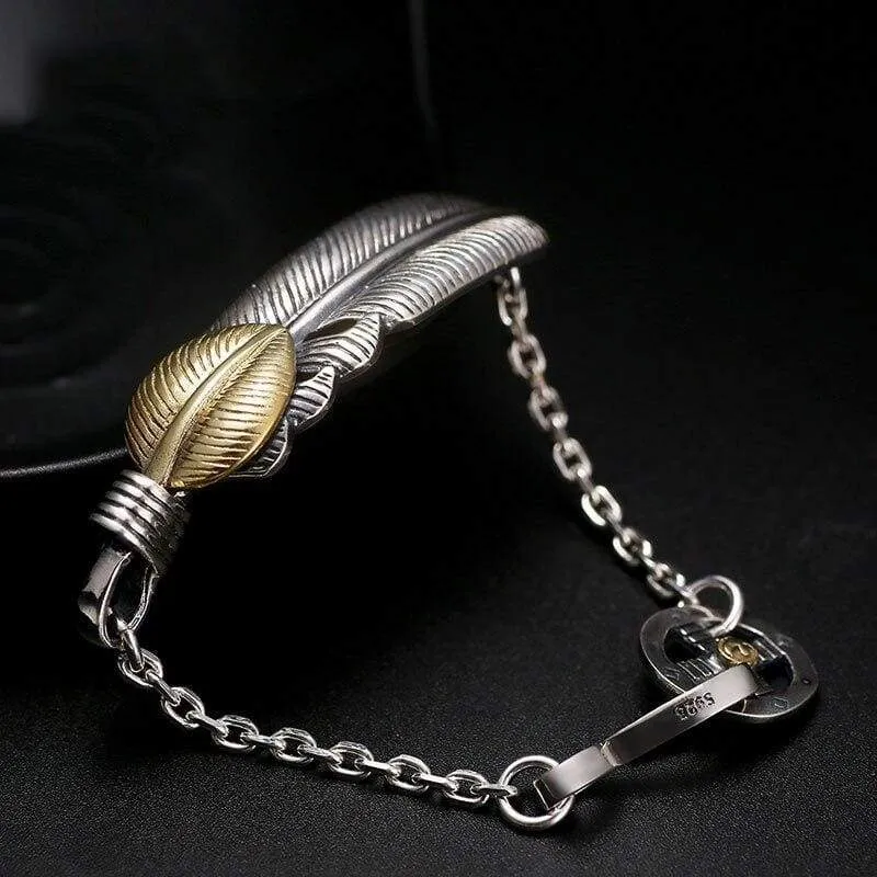 Old silversmith 925 silver bracelet golden feather character skills Punk ICONS fashionable nightclub rock silver bracelet