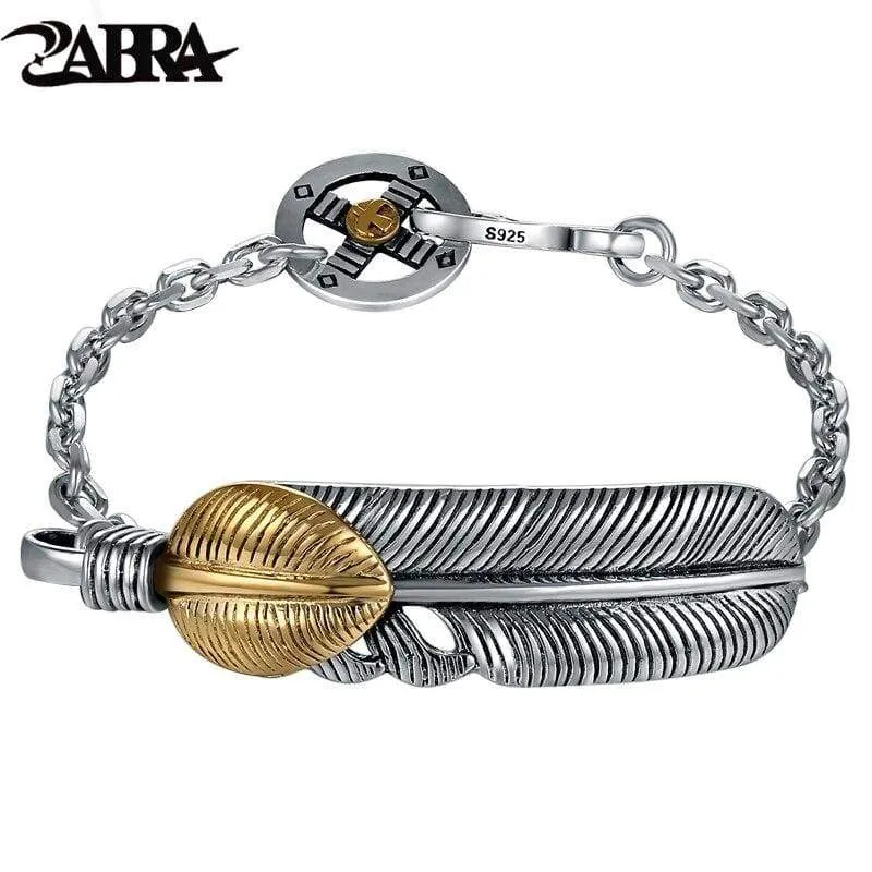 Old silversmith 925 silver bracelet golden feather character skills Punk ICONS fashionable nightclub rock silver bracelet