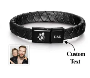 Personalised Bracelet Unisex Photo Engraved Leatherl Bracelet Gift for Dad Husband Grandad Brother Godfather Uncle Father's Day Christmas