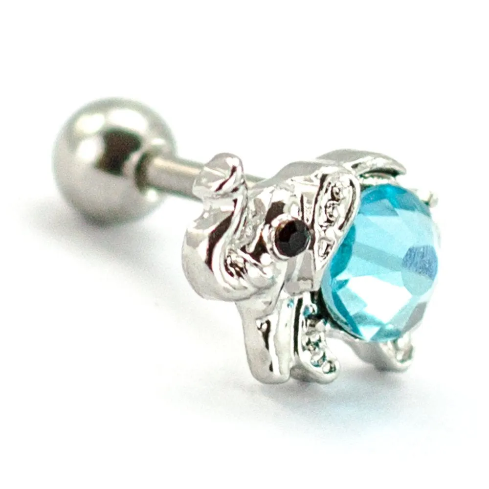 Pierce2go Silver Elephant Cartilage/Tragus Ring with Aqua Stone - 16 Gauge - 1/4" Barbell Length