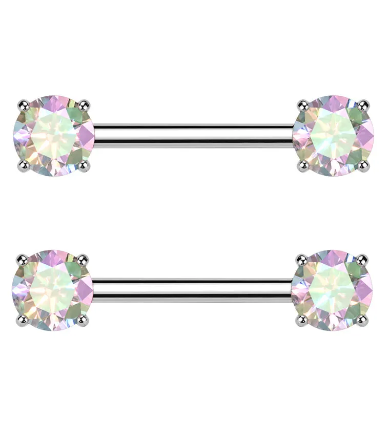 Prong Rainbow Aurora CZ Threadless Titanium Nipple Barbells