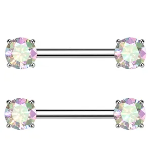 Prong Rainbow Aurora CZ Threadless Titanium Nipple Barbells