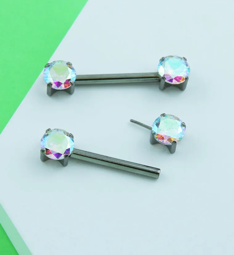 Prong Rainbow Aurora CZ Threadless Titanium Nipple Barbells