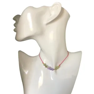 Red Thread Choker Necklace with Lavender & Green Jade