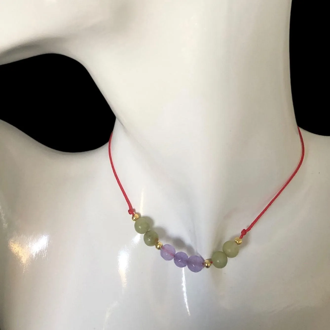 Red Thread Choker Necklace with Lavender & Green Jade