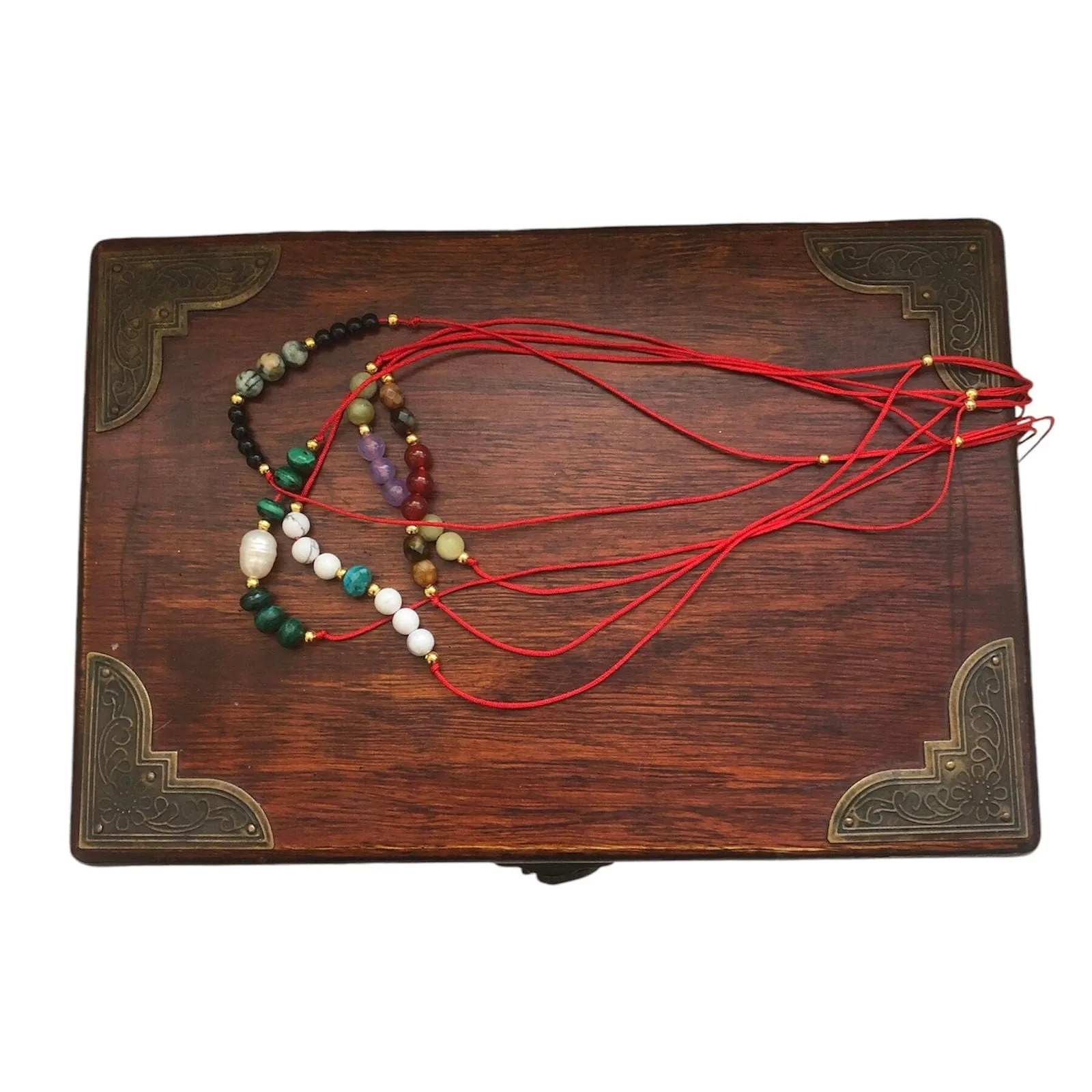 Red Thread Choker Necklace with Lavender & Green Jade