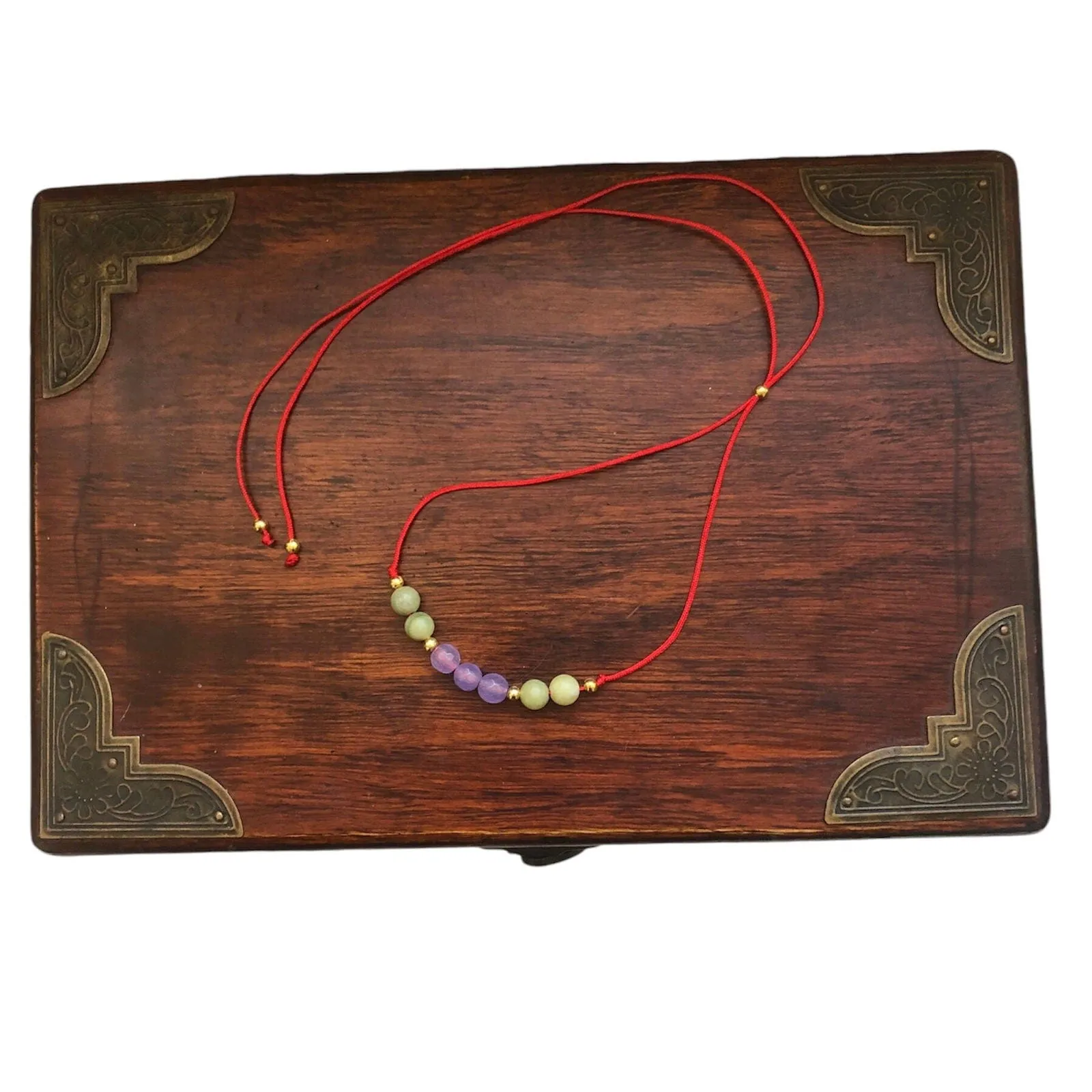 Red Thread Choker Necklace with Lavender & Green Jade