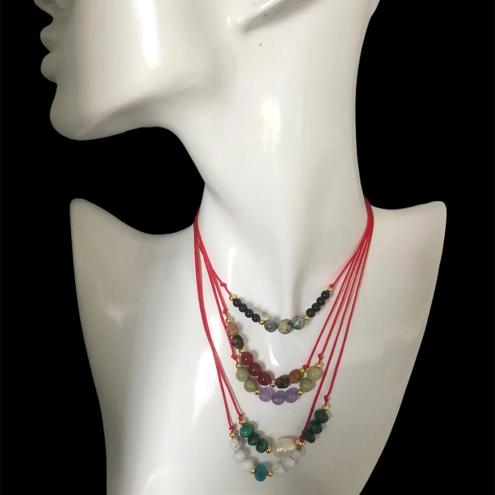 Red Thread Choker Necklace with Lavender & Green Jade