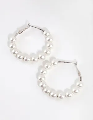 Rhodium Classic Pearl Hoop Earrings