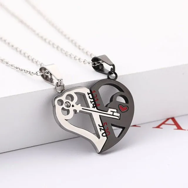 Romantic Couples Necklace Fashion Puzzle Heart Shape Crystal Key