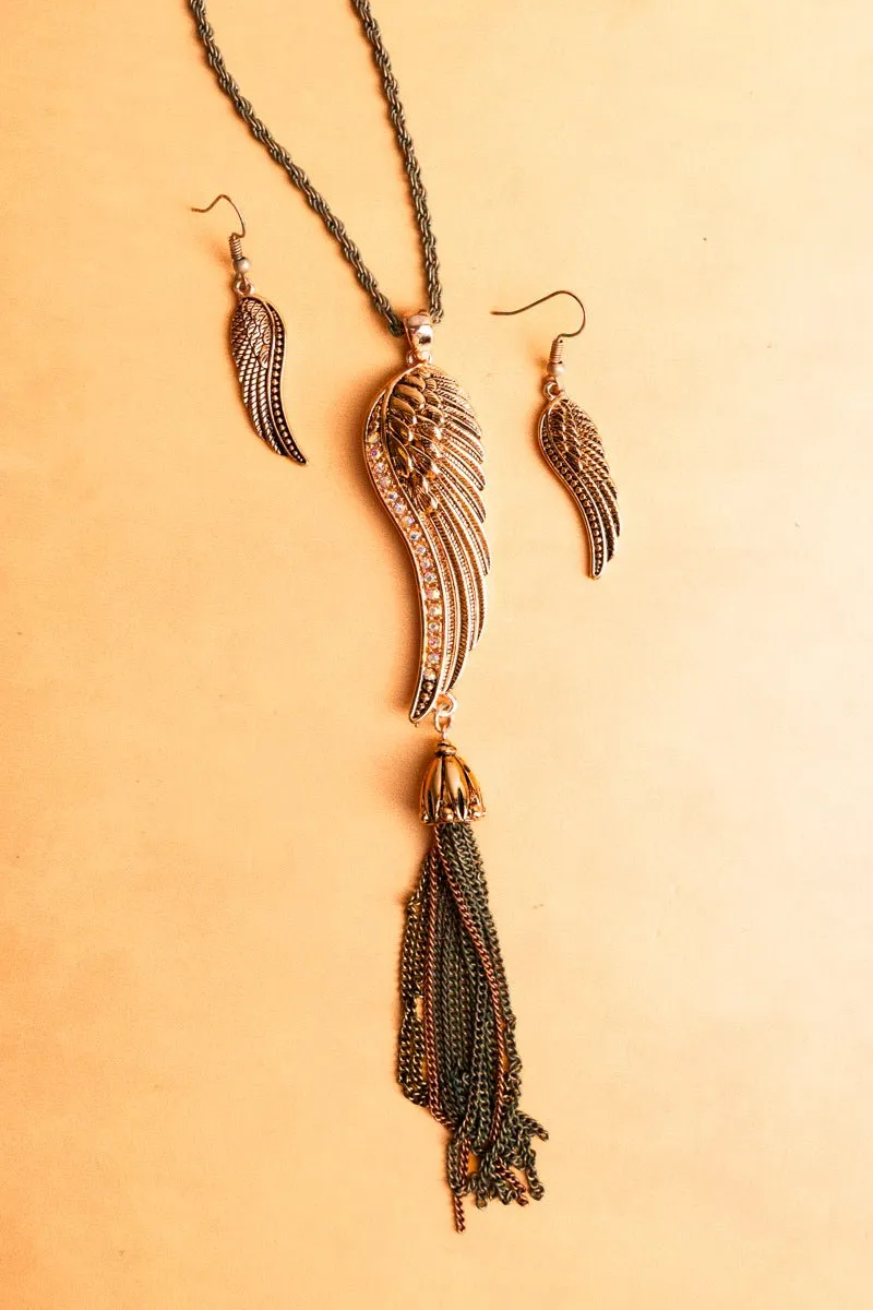 SALE! Multi-Tone Crystal Wing and Tassel Pendant Necklace and Earring Set