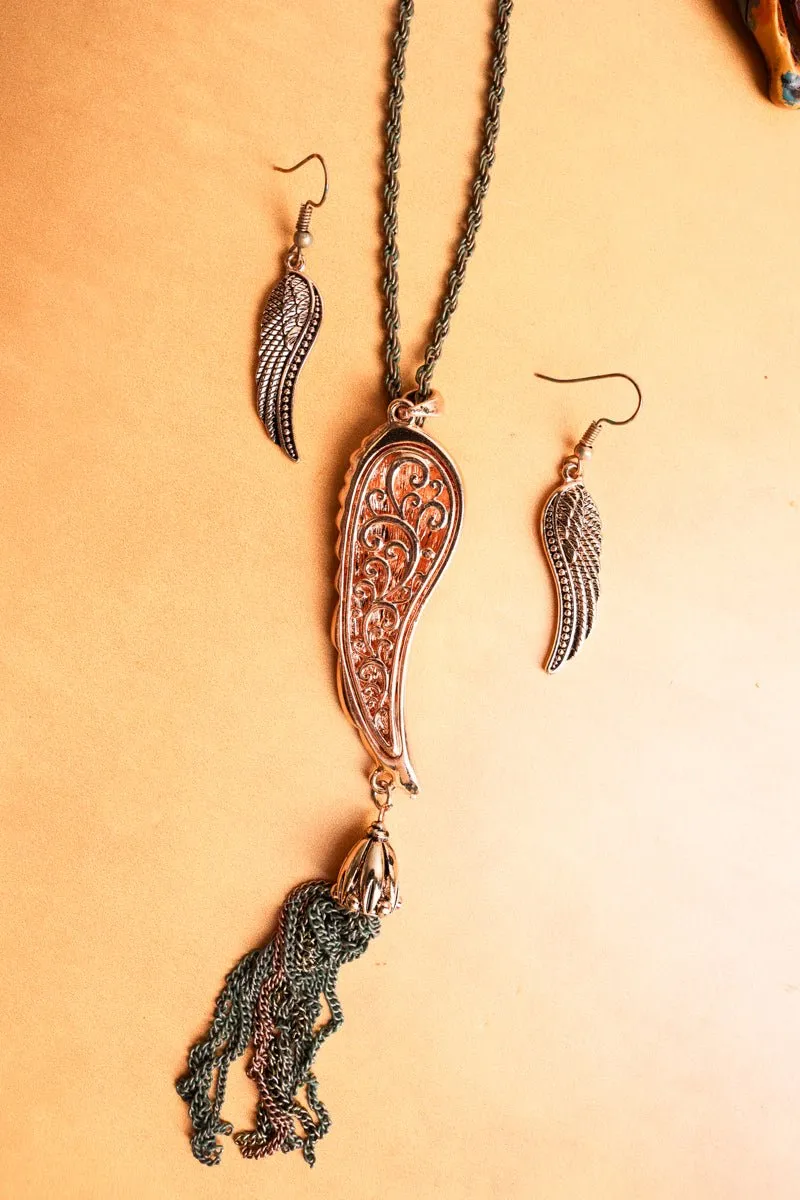 SALE! Multi-Tone Crystal Wing and Tassel Pendant Necklace and Earring Set