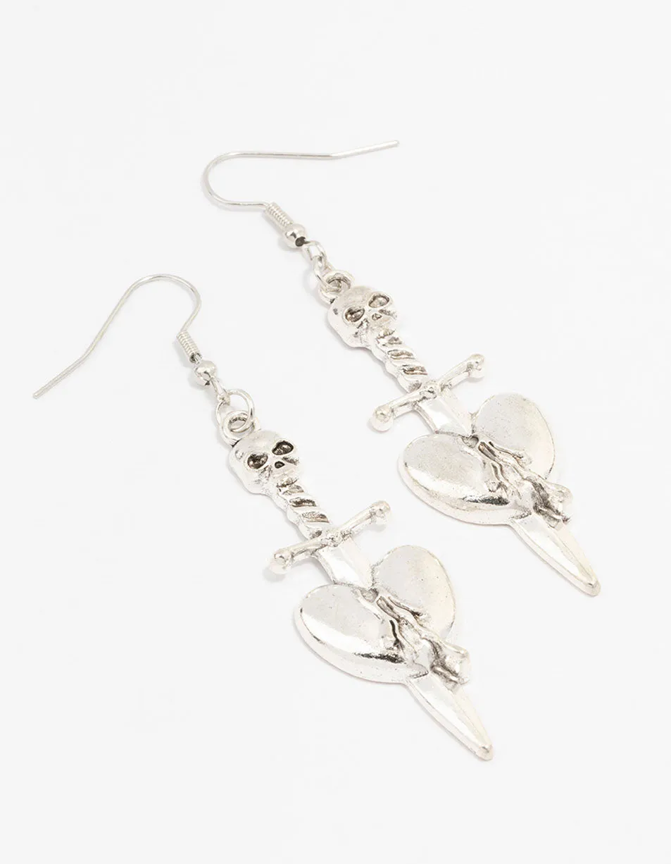 Silver Dagger Heart Drop Earrings