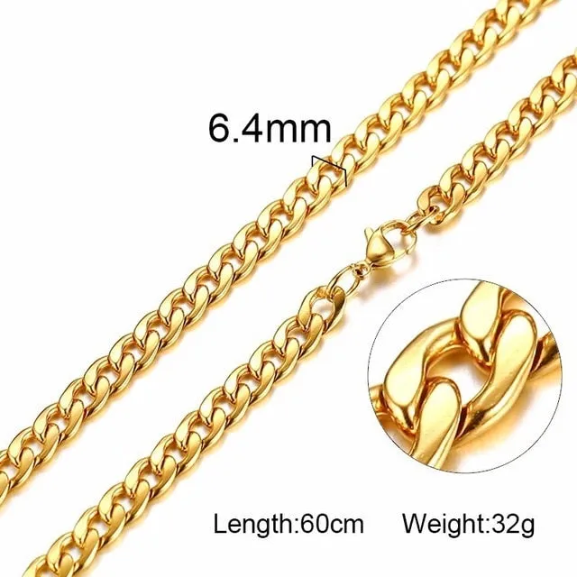 Silver Gold Filled Solid Necklace Curb Chains Link Men Choker Stainless Steel Male Female Accessories Fashion