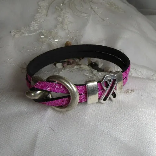 Sparkly Pink  Awareness Leather Bracelet