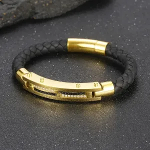 Stainless Steel Gold-Plated Leather Bracelet for Men