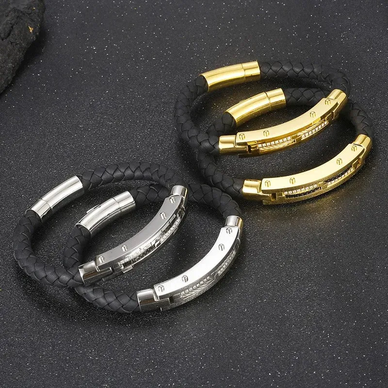 Stainless Steel Gold-Plated Leather Bracelet for Men