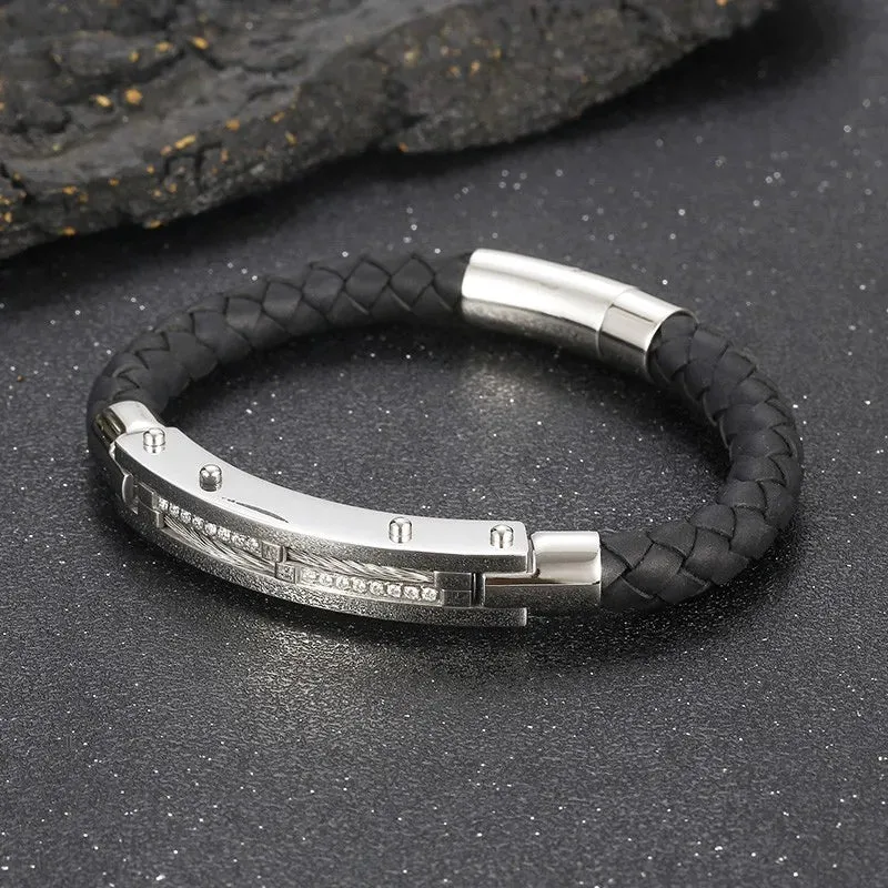 Stainless Steel Gold-Plated Leather Bracelet for Men