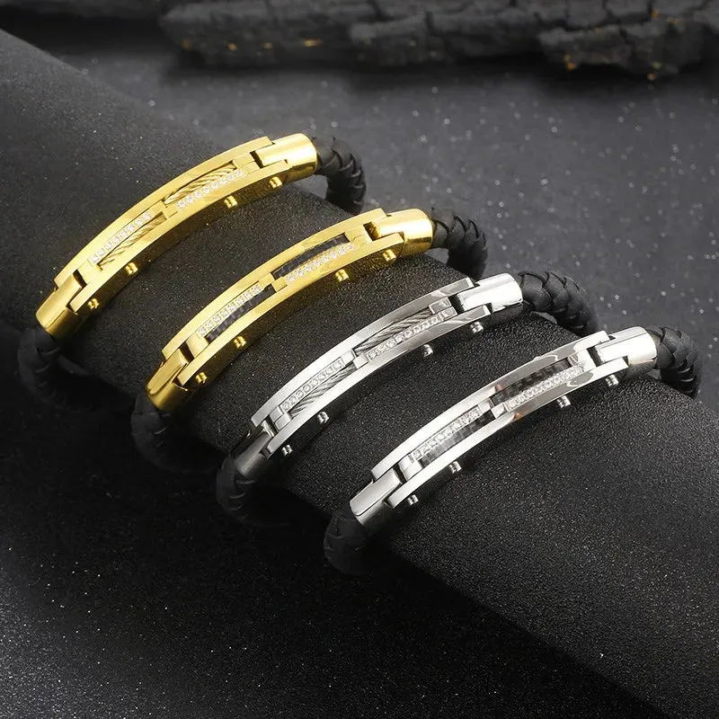 Stainless Steel Gold-Plated Leather Bracelet for Men