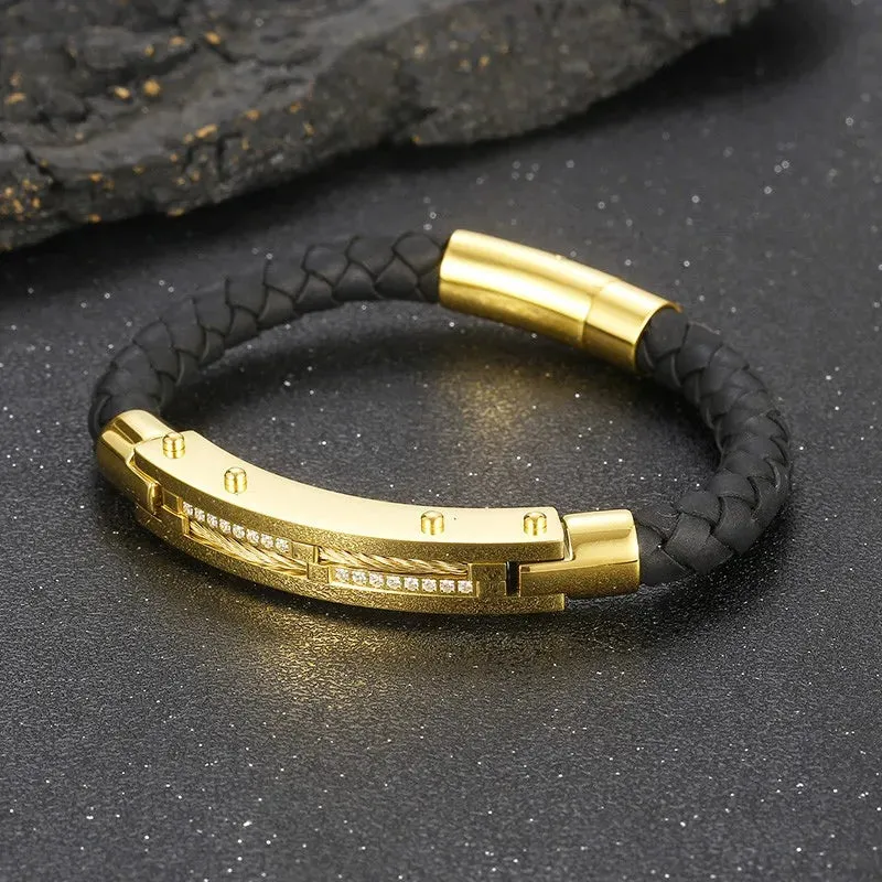 Stainless Steel Gold-Plated Leather Bracelet for Men