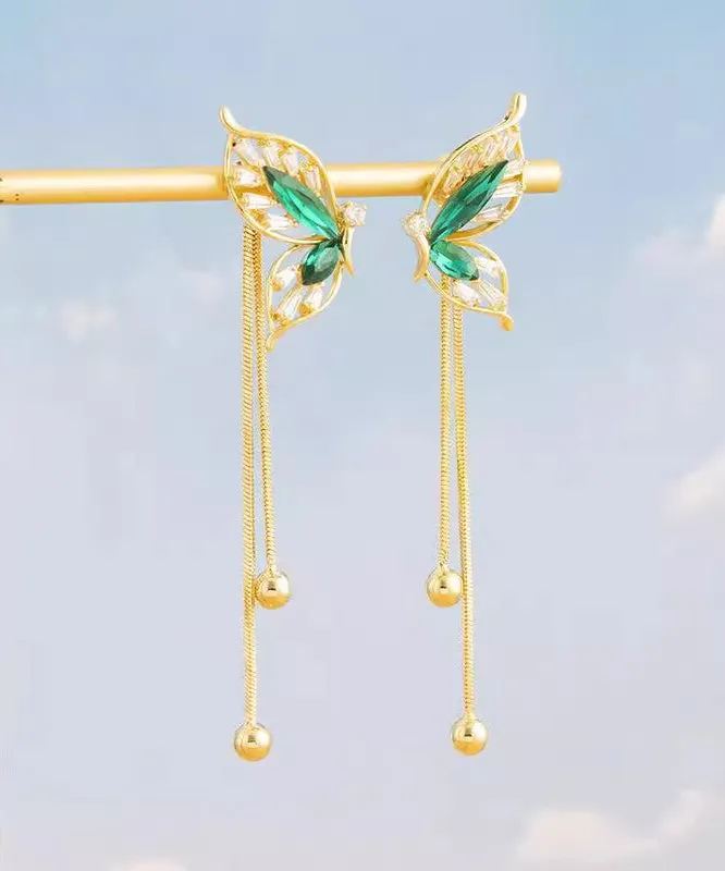 Stylish Green Sterling Silver Overgild Butterfly Tassel Drop Earrings PO039