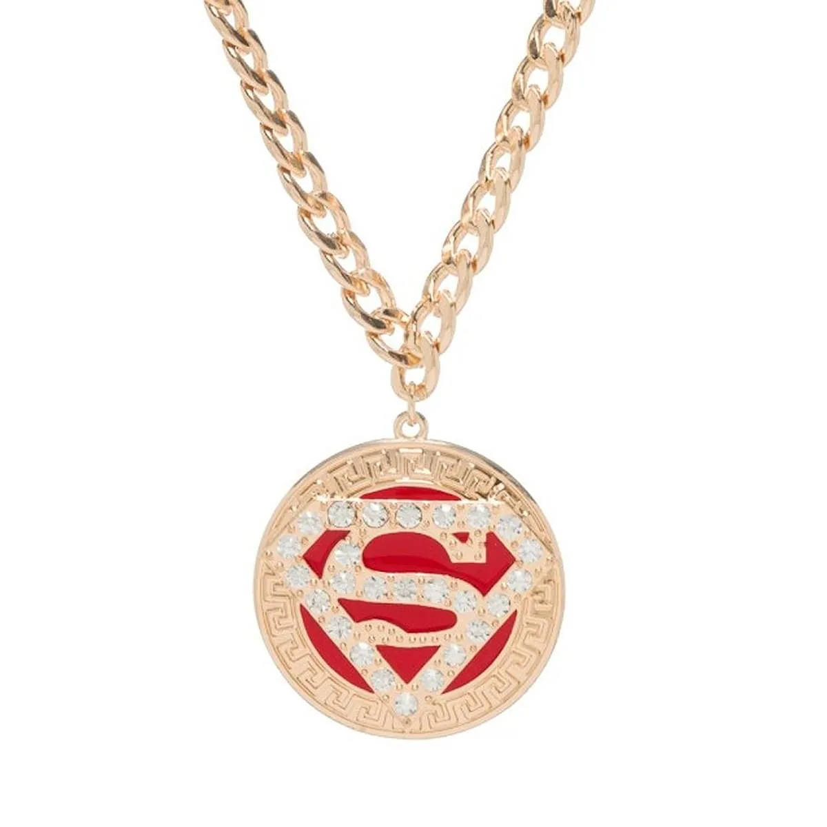 Superman Logo Bling Gold Round Sparkle Pendant Necklace