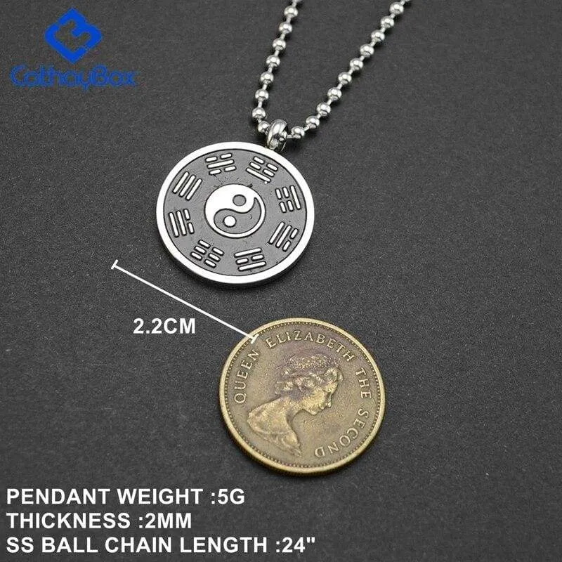 Taoism Yin Yang Chinese Taichi Pendant Necklace for Men Women Black Enamel Stainless Steel Fashion Trendy Jewelry 24"