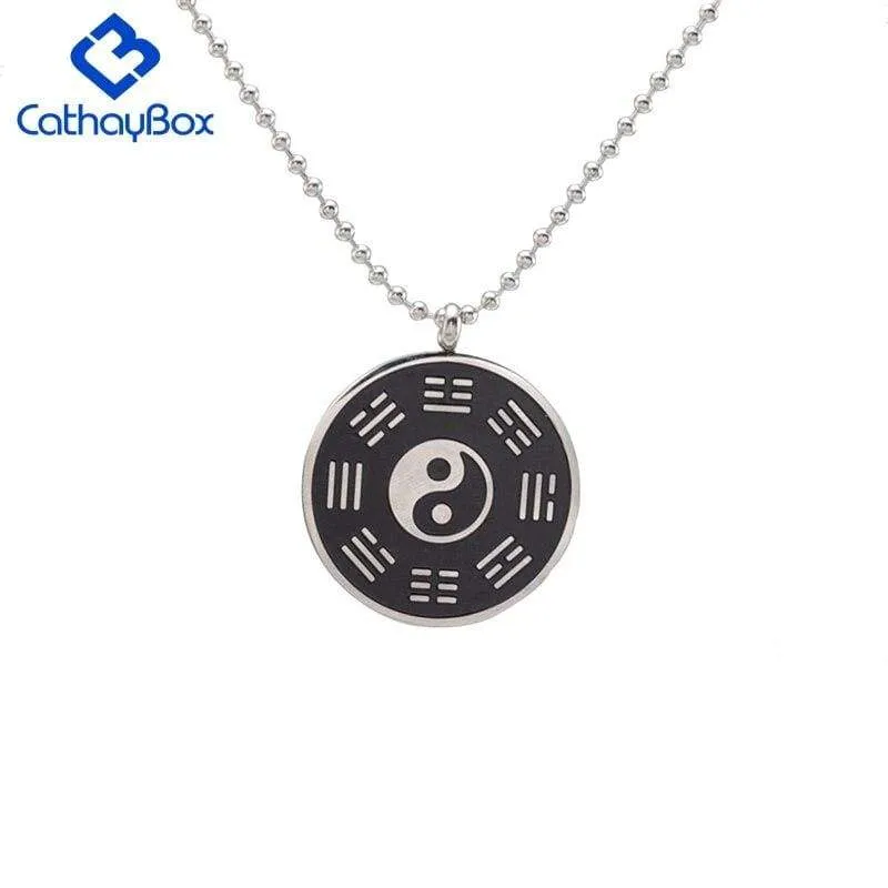 Taoism Yin Yang Chinese Taichi Pendant Necklace for Men Women Black Enamel Stainless Steel Fashion Trendy Jewelry 24"