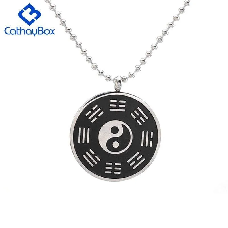 Taoism Yin Yang Chinese Taichi Pendant Necklace for Men Women Black Enamel Stainless Steel Fashion Trendy Jewelry 24"