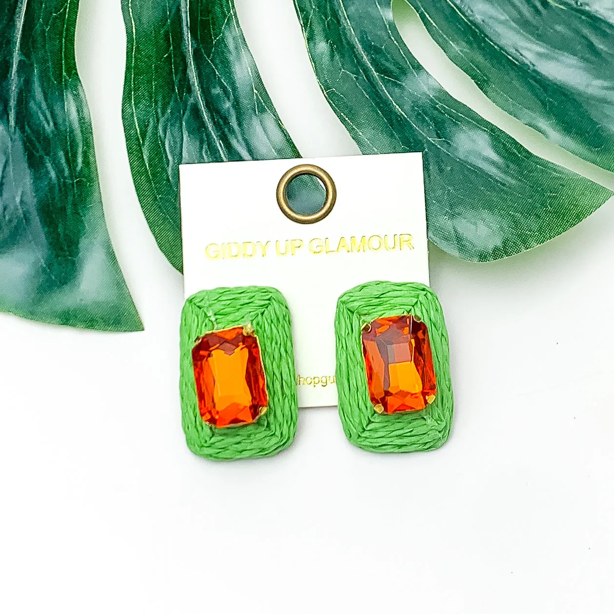 Truly Tropical Raffia Rectangle Earrings in Green With Orange Crystal