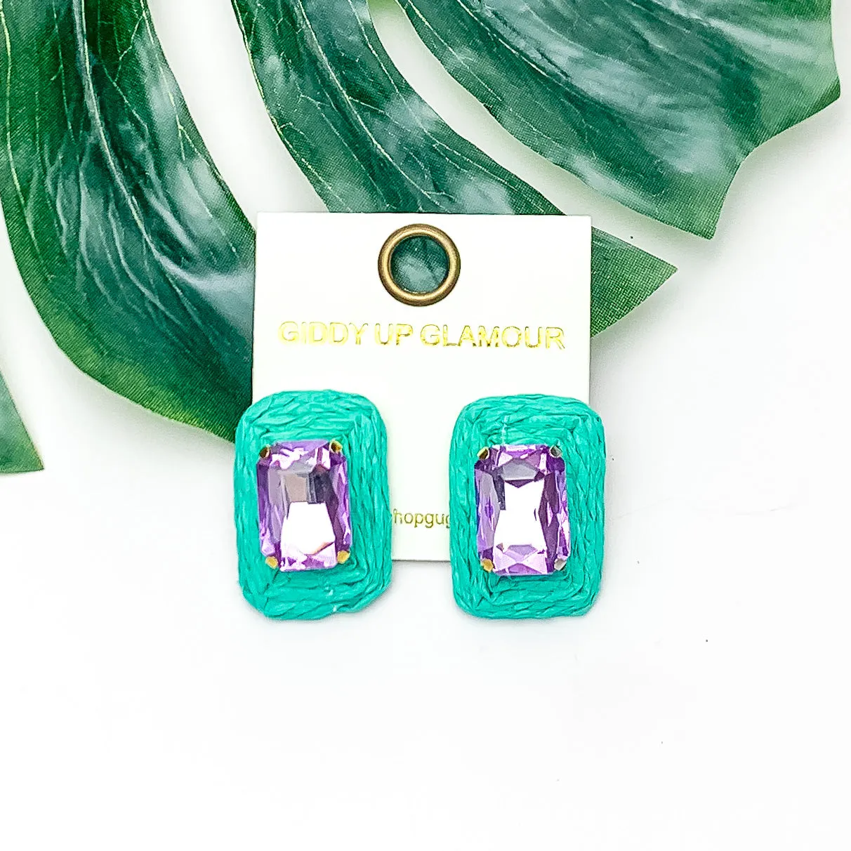 Truly Tropical Raffia Rectangle Earrings in Turquoise Green With Purple Crystal